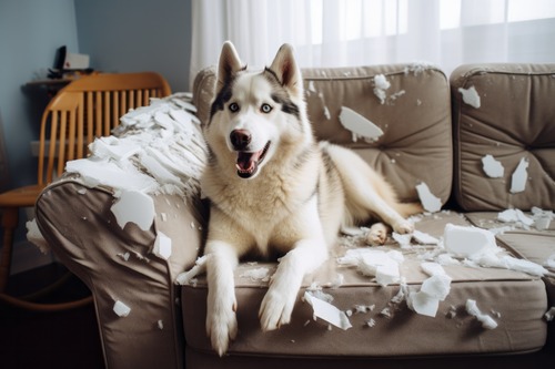 husky dog laying on a destroyed couch at home